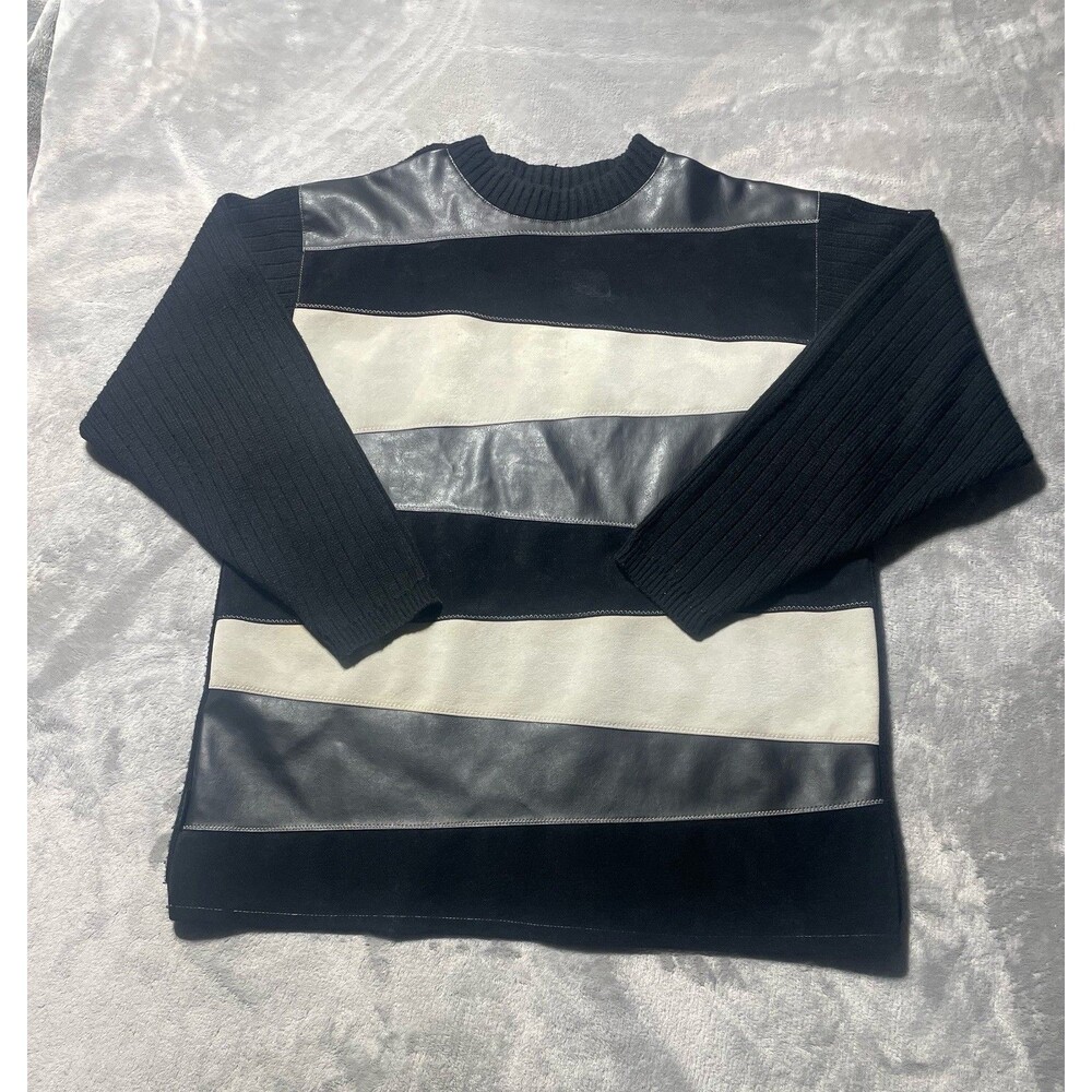 VTG Koman Sport Sweater Mixed Media Faux Leather Suede Sweater Men’s Large Black